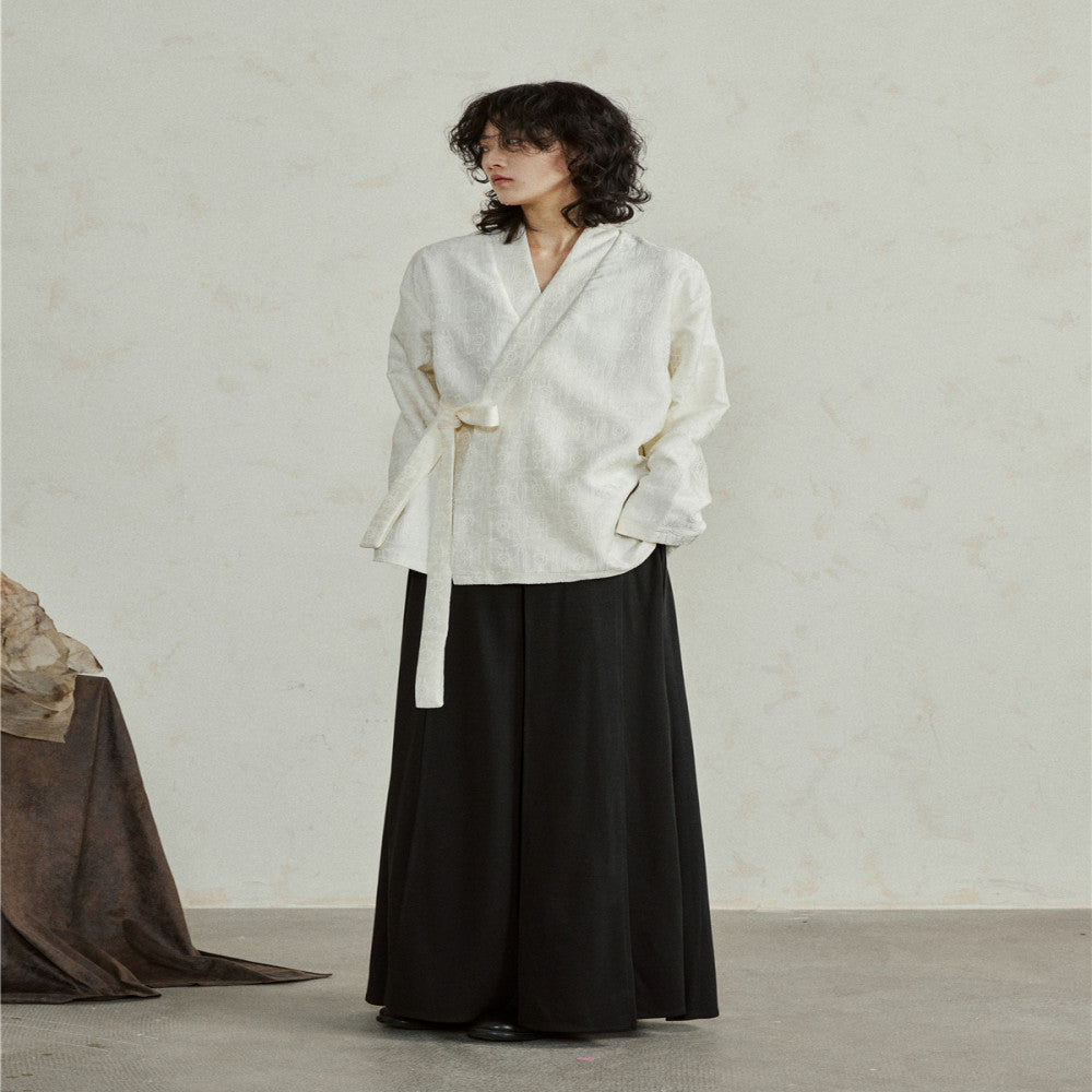 SUNYVONNE A niche design new Chinese Zen style slanted collar V neck long sleeved jacquard dark patterned lace up loose shirt image 3