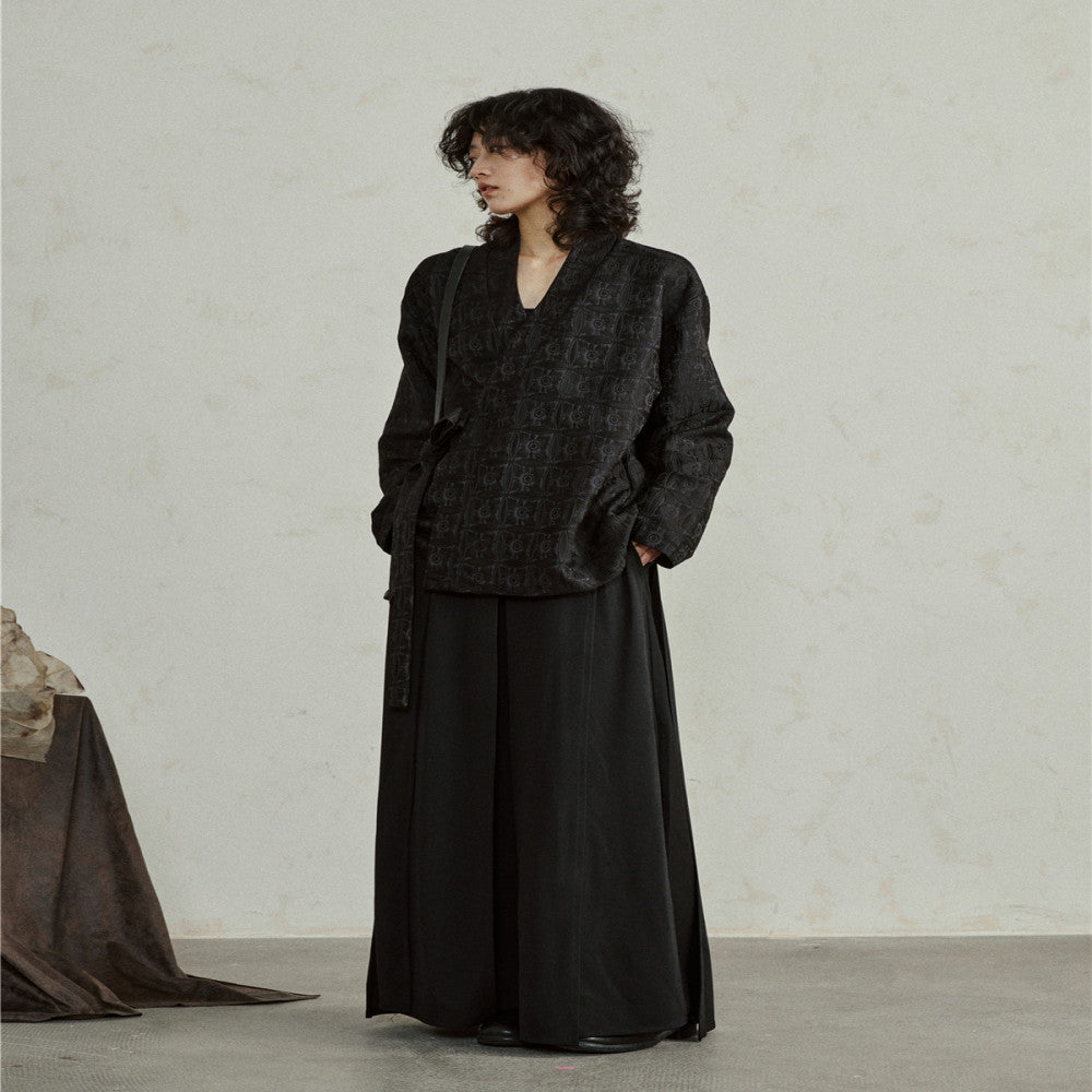 SUNYVONNE A niche design new Chinese Zen style slanted collar V neck long sleeved jacquard dark patterned lace up loose shirt image 4