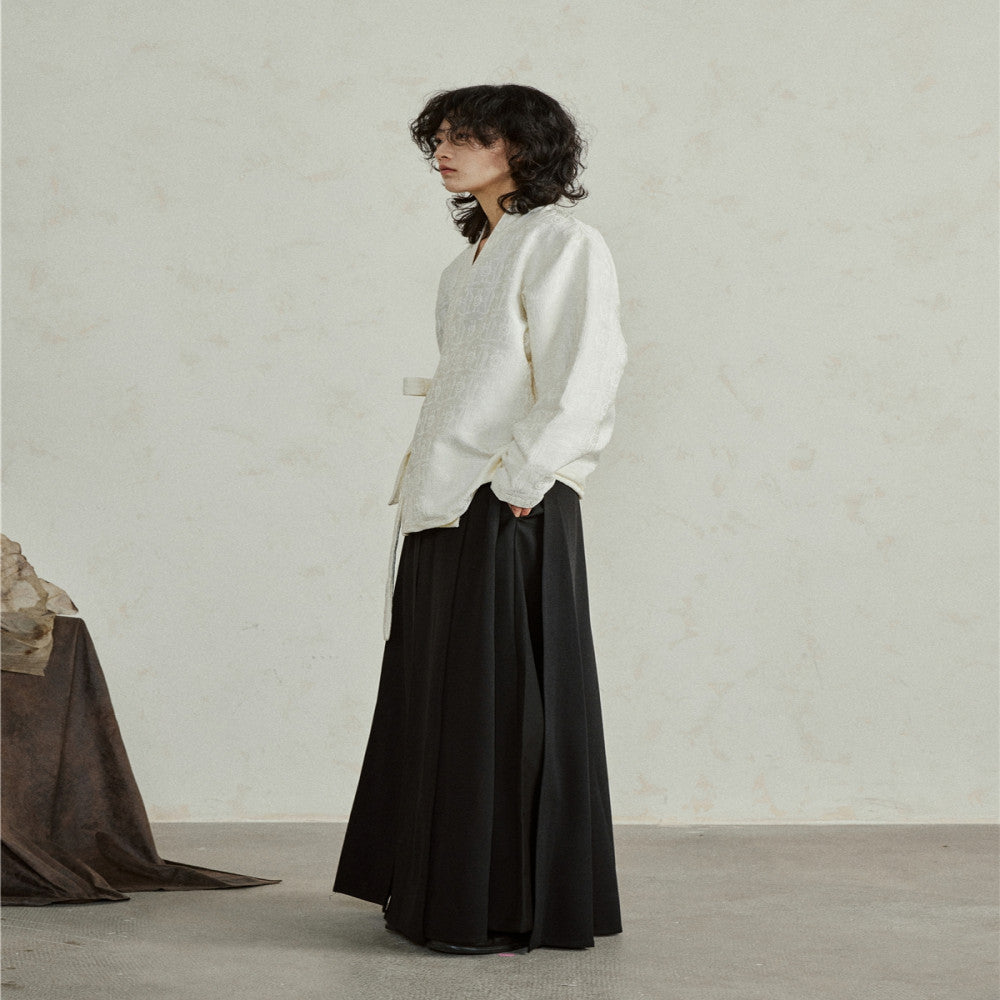 SUNYVONNE A niche design new Chinese Zen style slanted collar V neck long sleeved jacquard dark patterned lace up loose shirt image 5