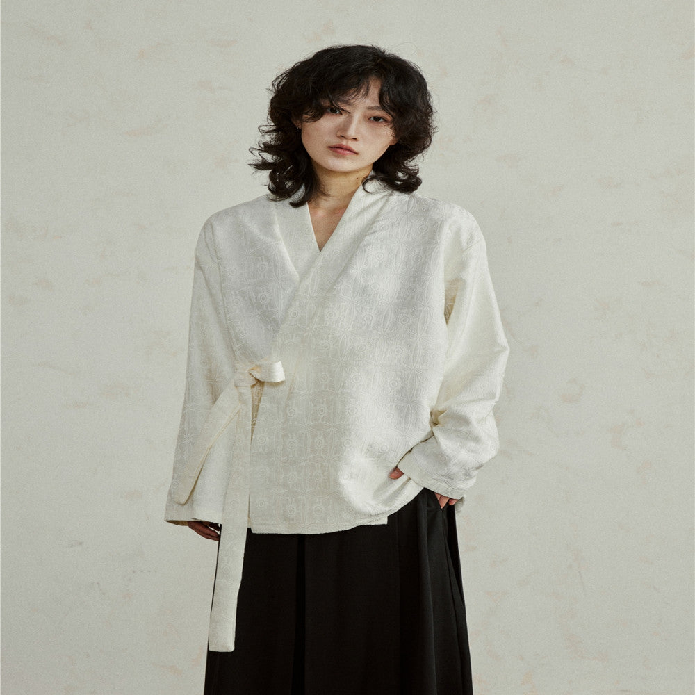 SUNYVONNE A niche design new Chinese Zen style slanted collar V neck long sleeved jacquard dark patterned lace up loose shirt image 12