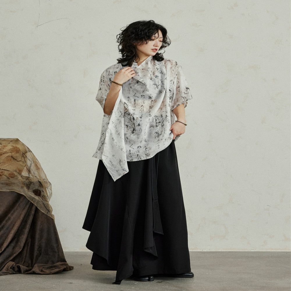 SUNYVONNE niche design new Chinese style mottled vintage calligraphy printed short sleeved shirt lightweight pile collar top image 3