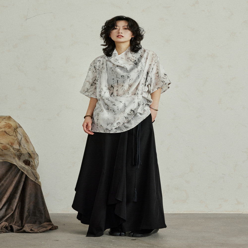 SUNYVONNE niche design new Chinese style mottled vintage calligraphy printed short sleeved shirt lightweight pile collar top image 4