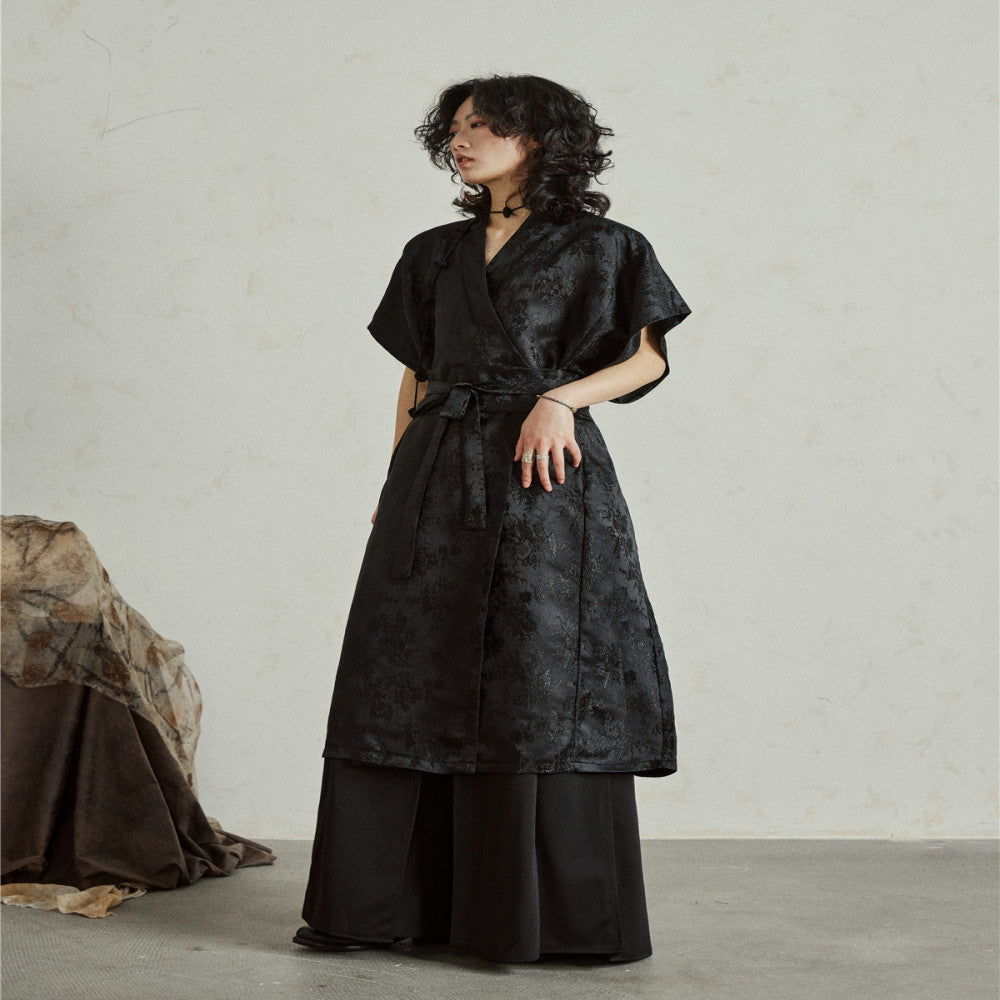 SUNYVONNE niche design new Chinese jacquard dress Chinese style short sleeved lace up mid length skirt summer Hanfu image 2