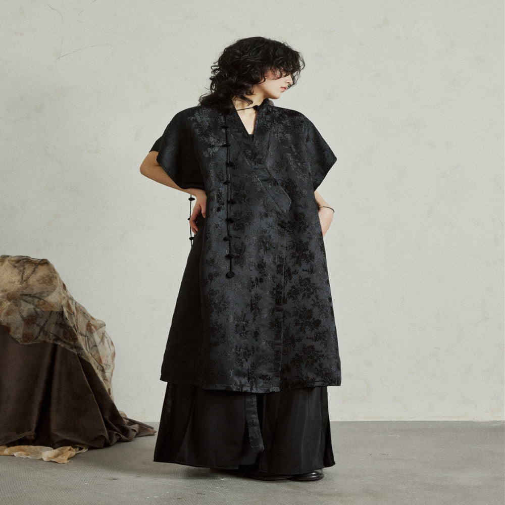 SUNYVONNE niche design new Chinese jacquard dress Chinese style short sleeved lace up mid length skirt summer Hanfu image 0