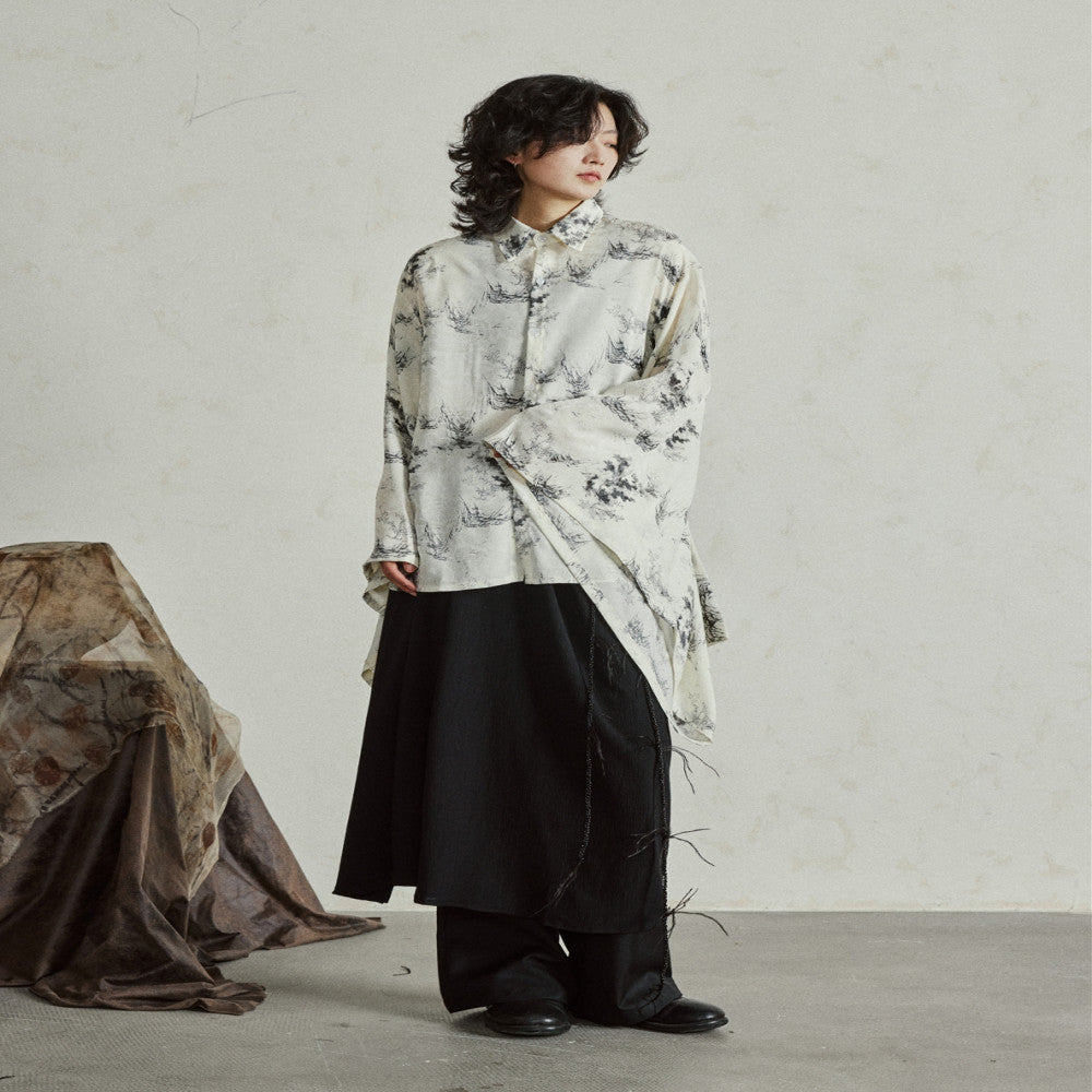 SUNYVONNE niche design new Chinese style improved wide sleeved shirt with ink printing Chinese style hanging loose top image 2