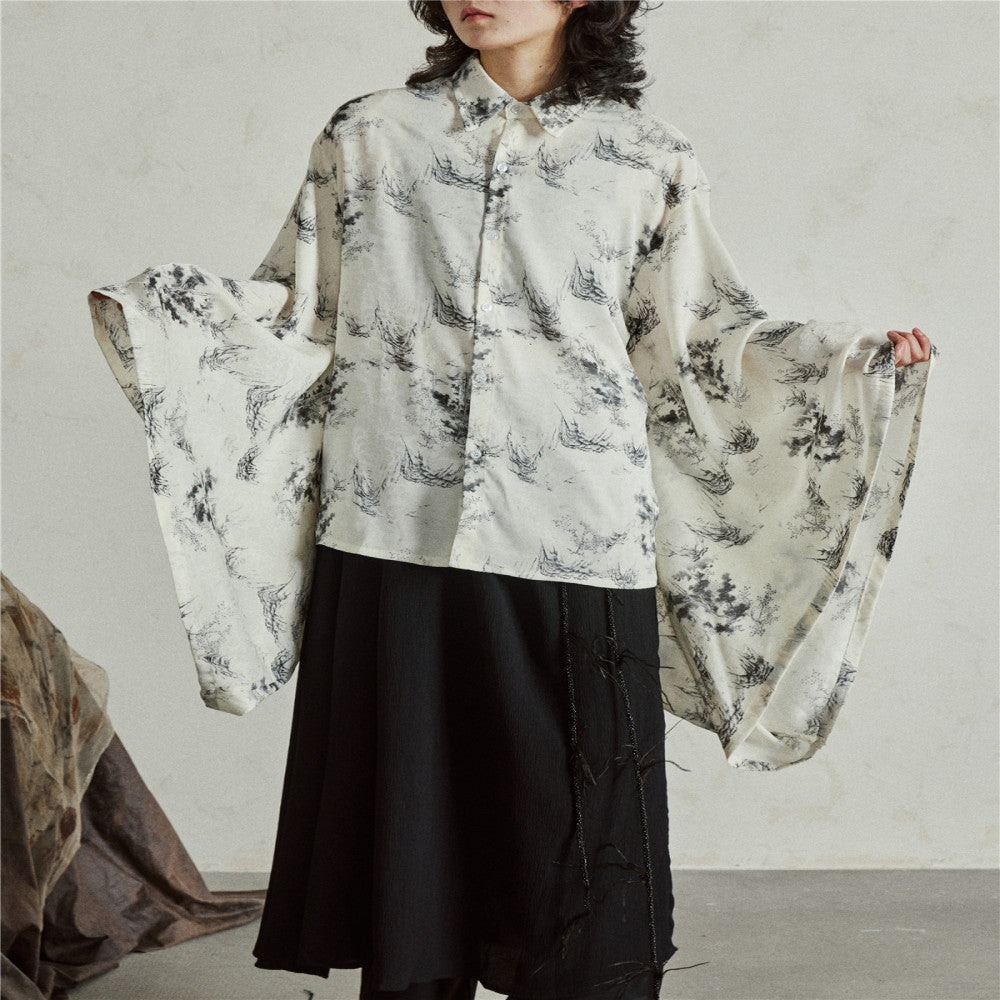 SUNYVONNE niche design new Chinese style improved wide sleeved shirt with ink printing Chinese style hanging loose top image 3