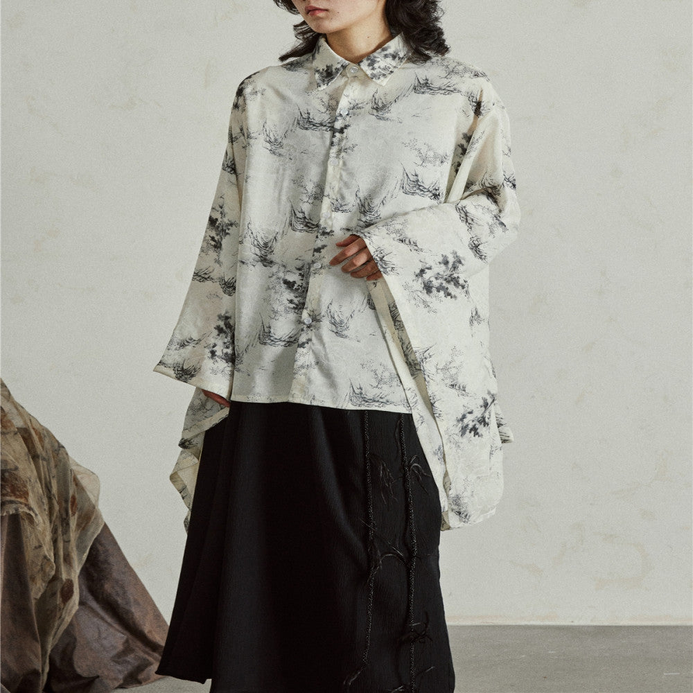 SUNYVONNE niche design new Chinese style improved wide sleeved shirt with ink printing Chinese style hanging loose top image 11