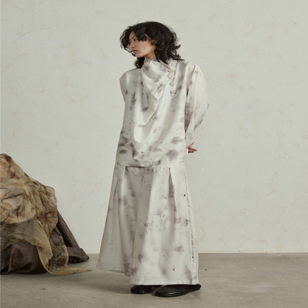 SUNYVONNE Unique Design Sense Yamamoto Feng Shui Ink Plant Dyeing Long Sleeve Shirt Wide Leg Pants Two Piece Set image 4