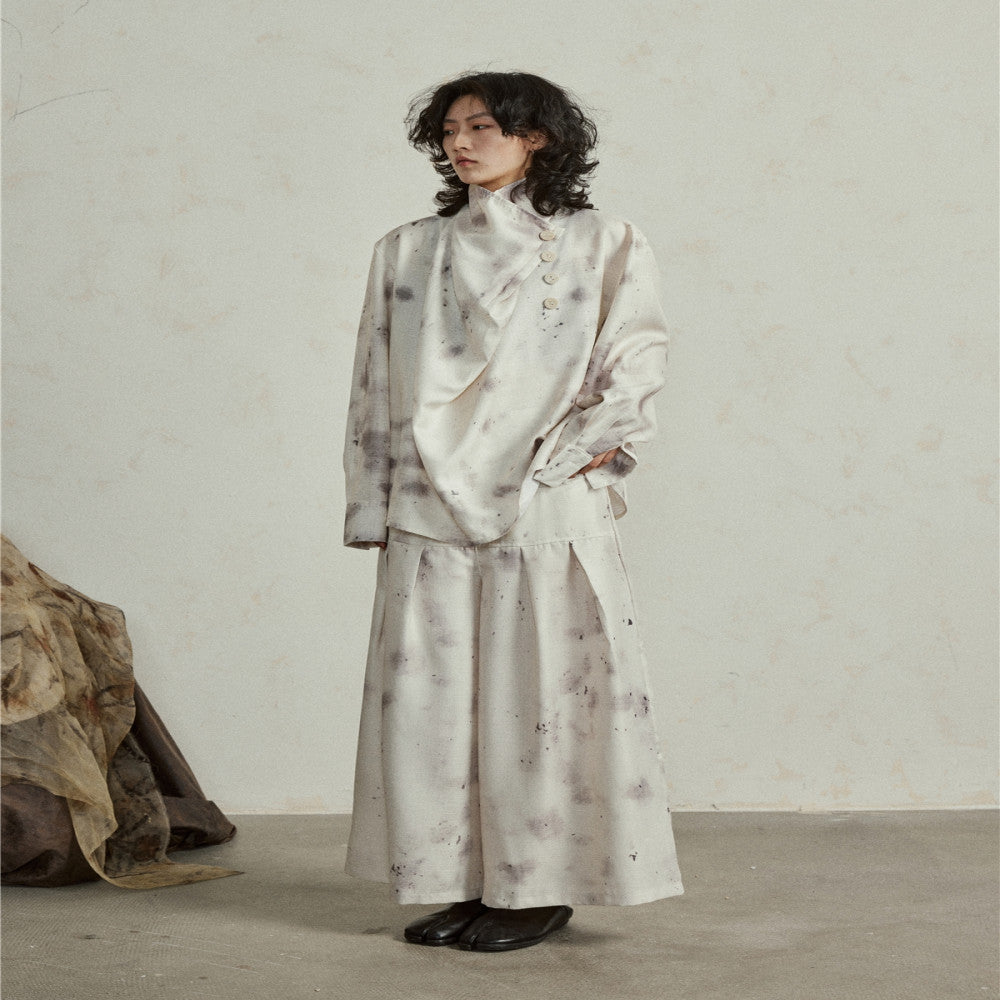 SUNYVONNE Unique Design Sense Yamamoto Feng Shui Ink Plant Dyeing Long Sleeve Shirt Wide Leg Pants Two Piece Set image 0