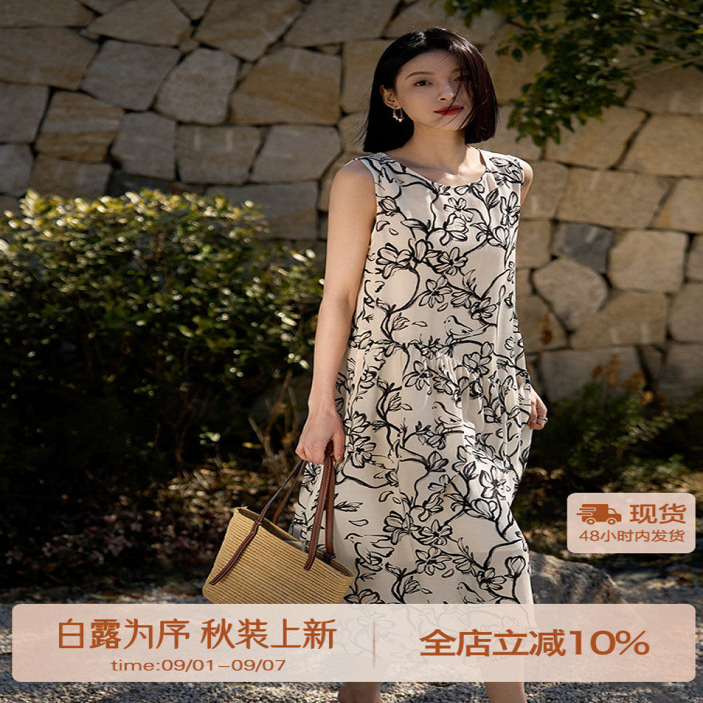 Laughing Han Floating Ink Tencel Flax Loose Round Neck Sleeveless Dress Ink Stained Printed Skirt 25 Spring New image 0