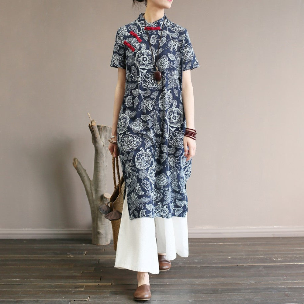 Ethnic style women s clothing original artistic floral cotton and linen dress in large size loose and Zen style retro buttoned long skirt robe image 1