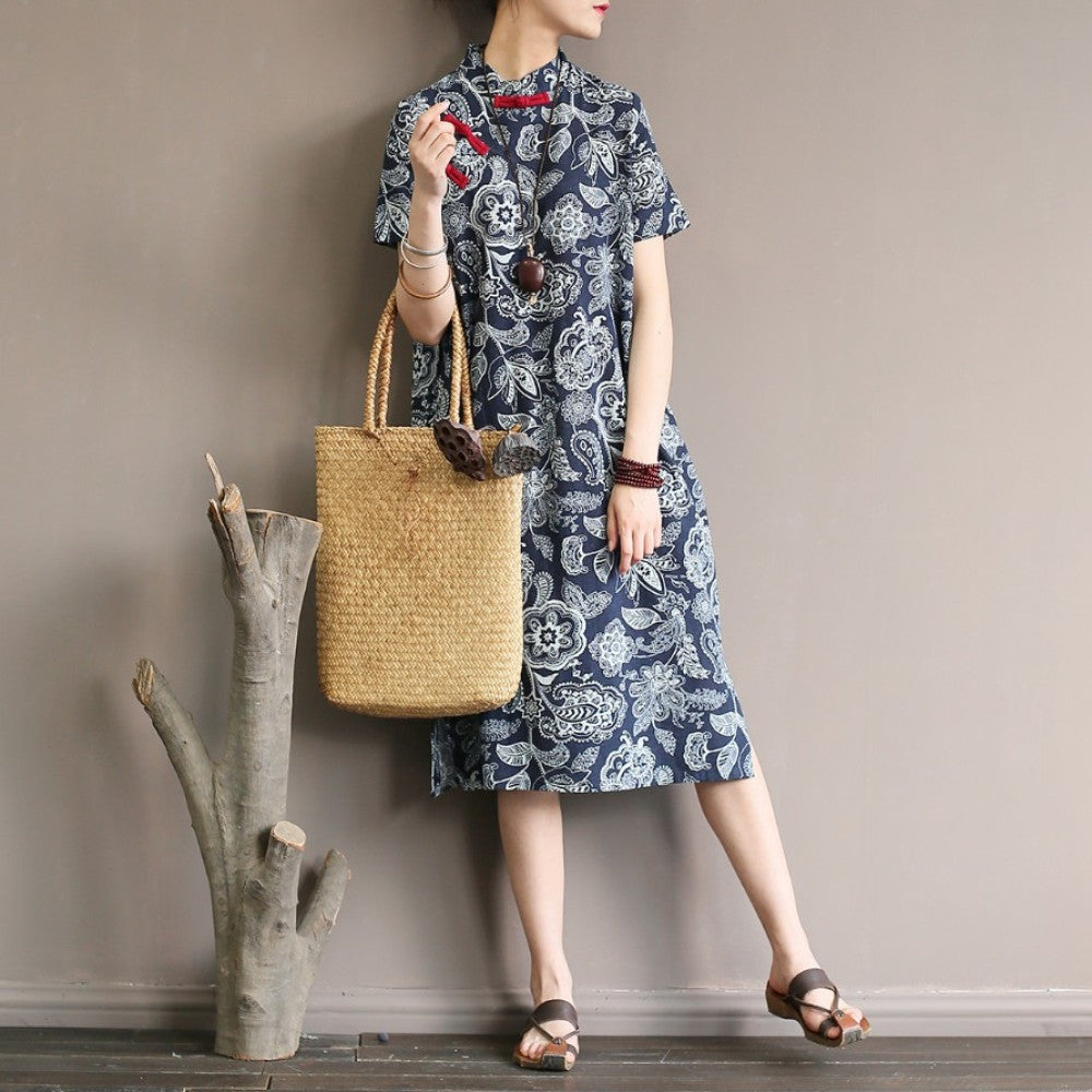 Ethnic style women s clothing original artistic floral cotton and linen dress in large size loose and Zen style retro buttoned long skirt robe image 2