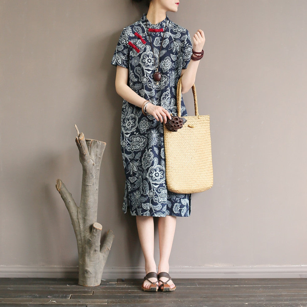 Ethnic style women s clothing original artistic floral cotton and linen dress in large size loose and Zen style retro buttoned long skirt robe image 3