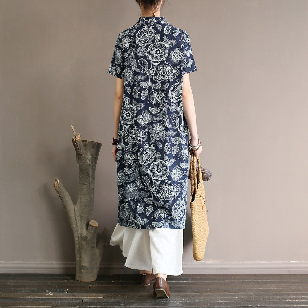 Ethnic style women s clothing original artistic floral cotton and linen dress in large size loose and Zen style retro buttoned long skirt robe image 4