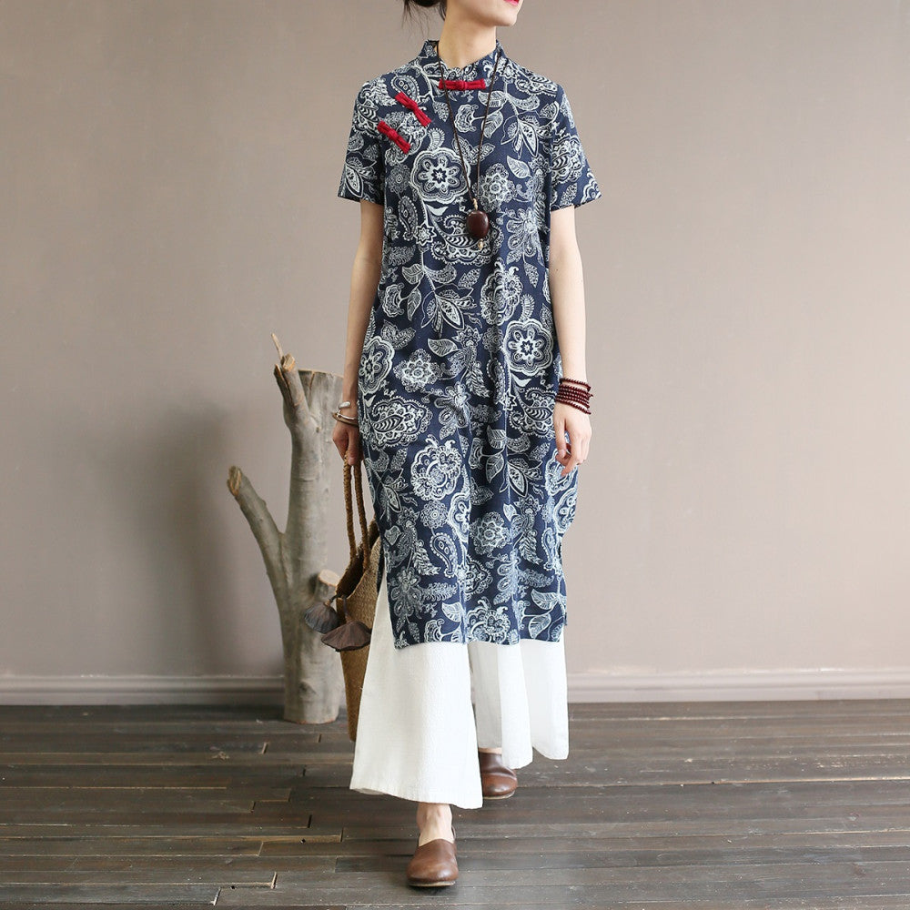 Ethnic style women s clothing original artistic floral cotton and linen dress in large size loose and Zen style retro buttoned long skirt robe image 7