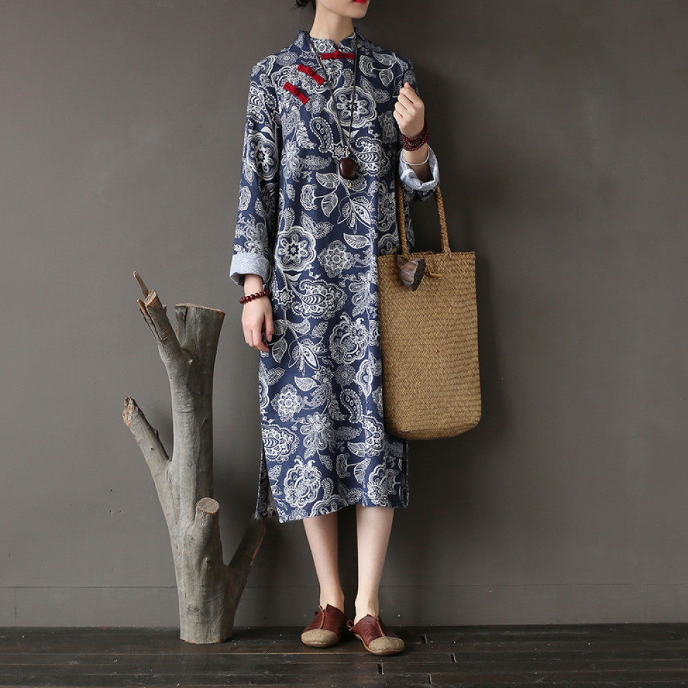 Ethnic style women s clothing original artistic floral cotton and linen dress in large size loose and Zen style retro buttoned long skirt robe image 9