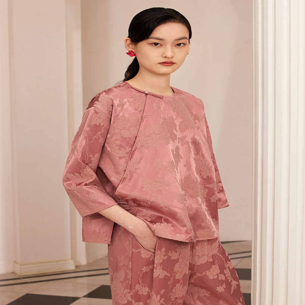 Ruyi Lianyun Maomo Silk Dark Pattern Jacquard Shirt for Women New Chinese Style Slant breasted Jade Button Top image 3