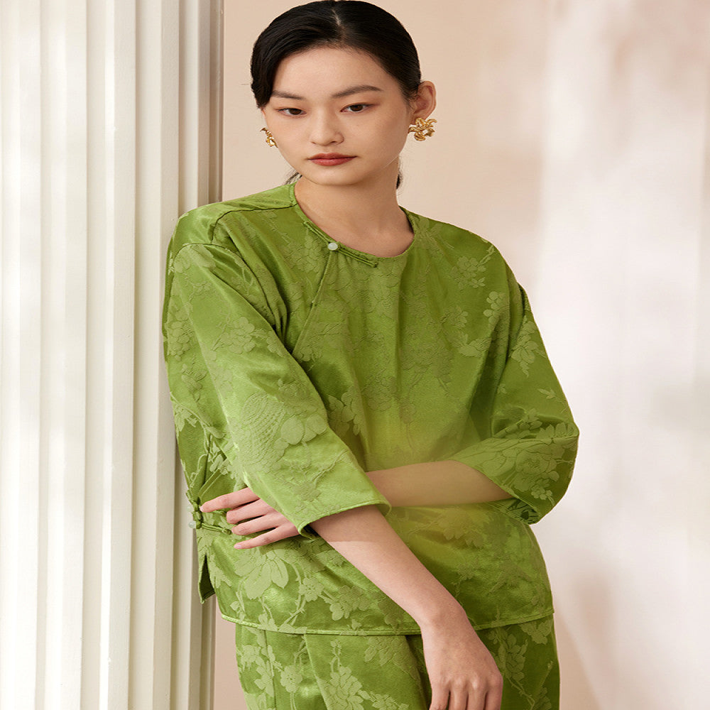 Ruyi Lianyun Maomo Silk Dark Pattern Jacquard Shirt for Women New Chinese Style Slant breasted Jade Button Top image 4