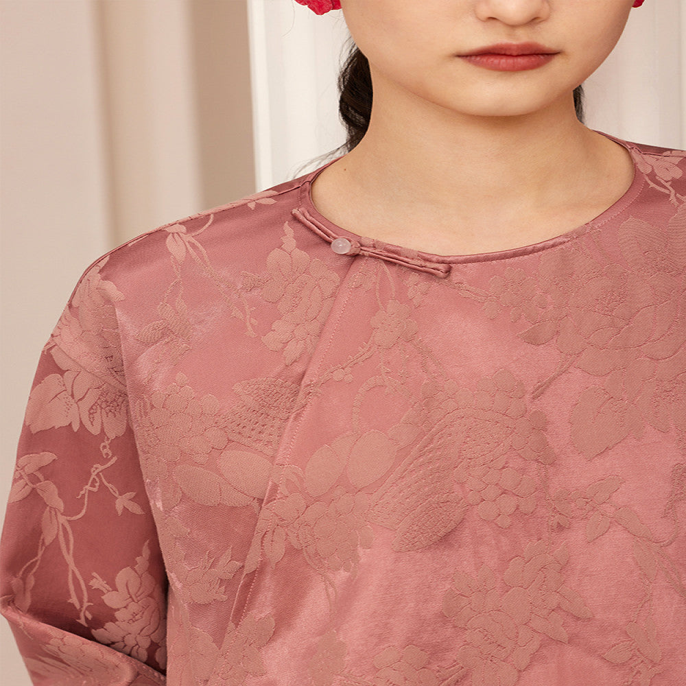 Ruyi Lianyun Maomo Silk Dark Pattern Jacquard Shirt for Women New Chinese Style Slant breasted Jade Button Top image 5