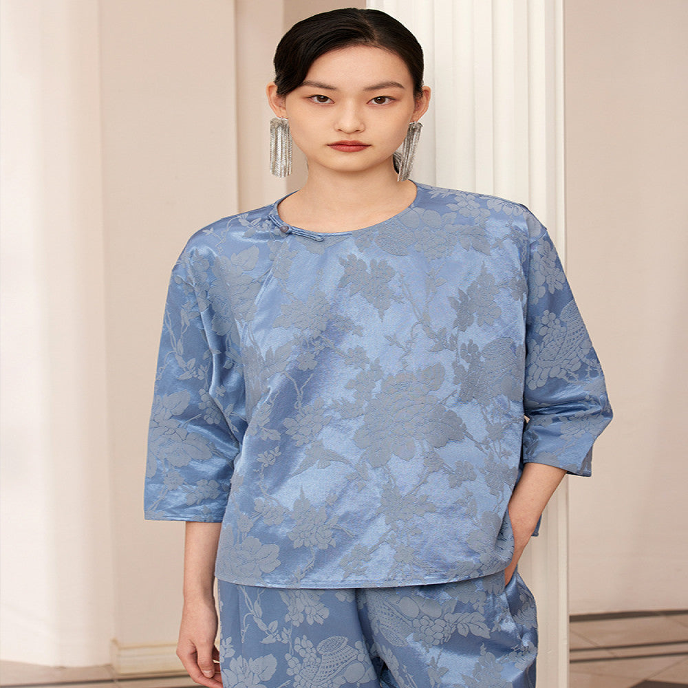 Ruyi Lianyun Maomo Silk Dark Pattern Jacquard Shirt for Women New Chinese Style Slant breasted Jade Button Top image 0