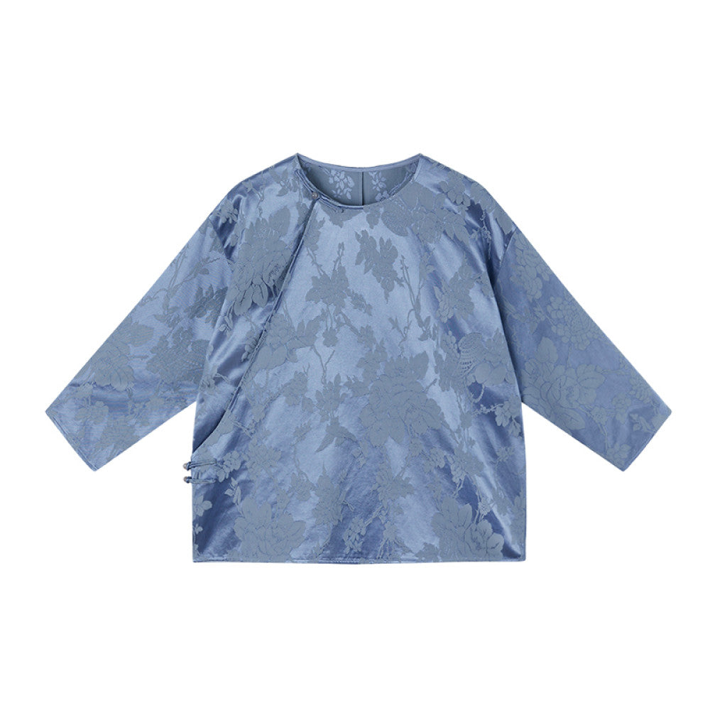 Ruyi Lianyun Maomo Silk Dark Pattern Jacquard Shirt for Women New Chinese Style Slant breasted Jade Button Top image 10