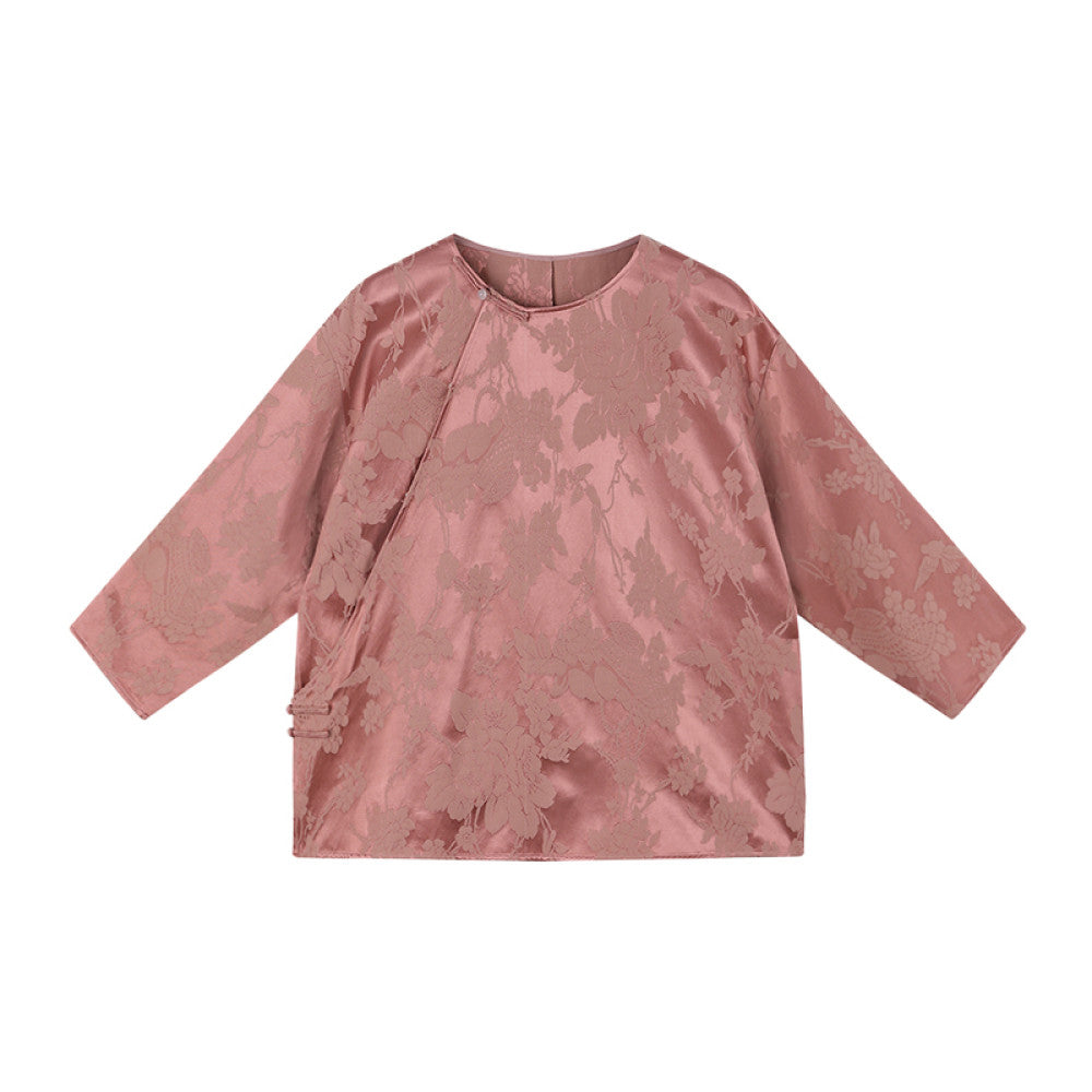 Ruyi Lianyun Maomo Silk Dark Pattern Jacquard Shirt for Women New Chinese Style Slant breasted Jade Button Top image 23