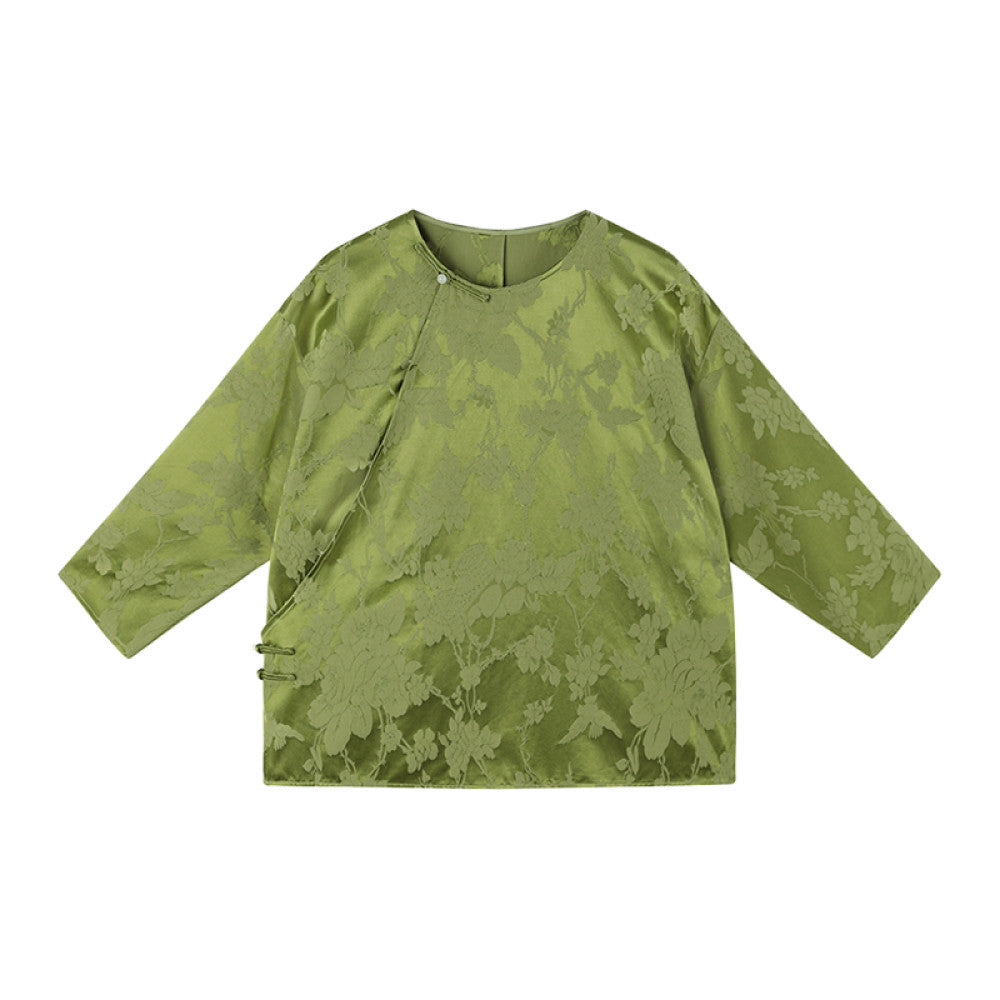Ruyi Lianyun Maomo Silk Dark Pattern Jacquard Shirt for Women New Chinese Style Slant breasted Jade Button Top image 24