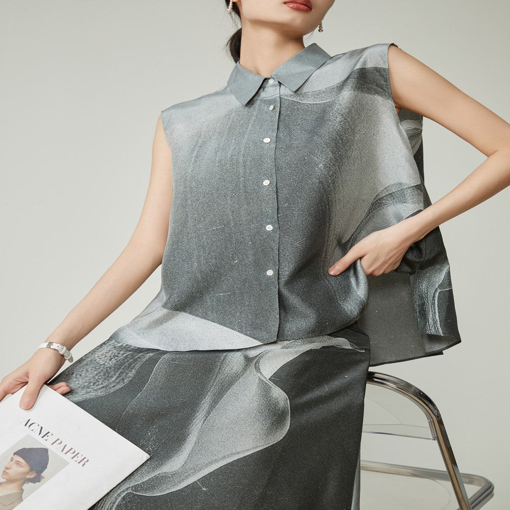 Hu Ke s gray sleeveless vest set for women s 2025 summer new shirt half skirt clean fit two piece set image 8