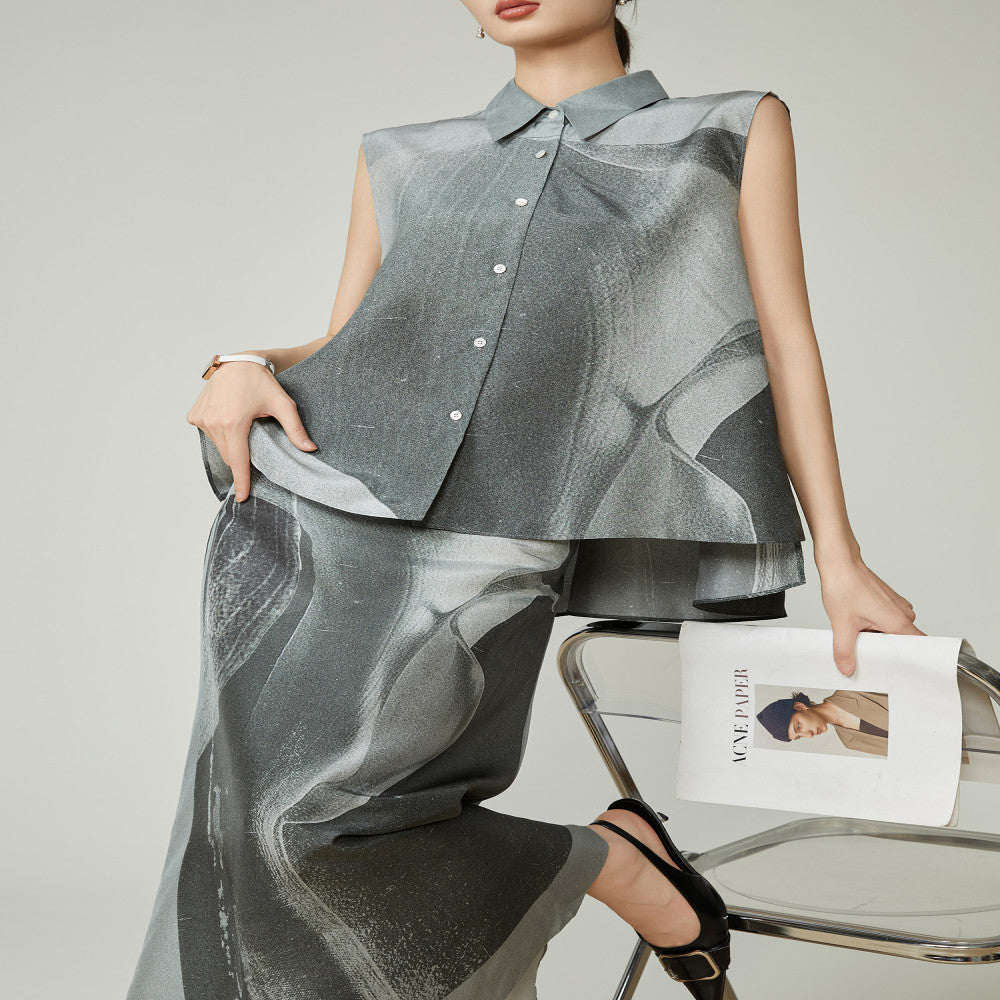 Hu Ke s gray sleeveless vest set for women s 2025 summer new shirt half skirt clean fit two piece set image 16