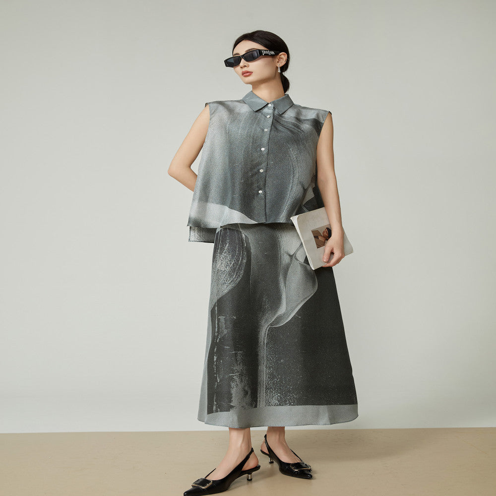 Hu Ke s gray sleeveless vest set for women s 2025 summer new shirt half skirt clean fit two piece set image 26