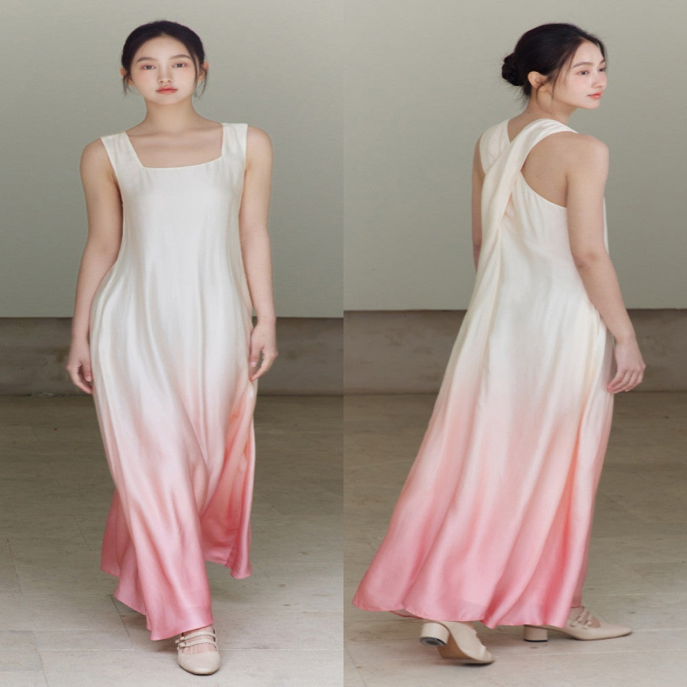 Customized peach color gradient printed slim fit lotus sleeveless dress image 1