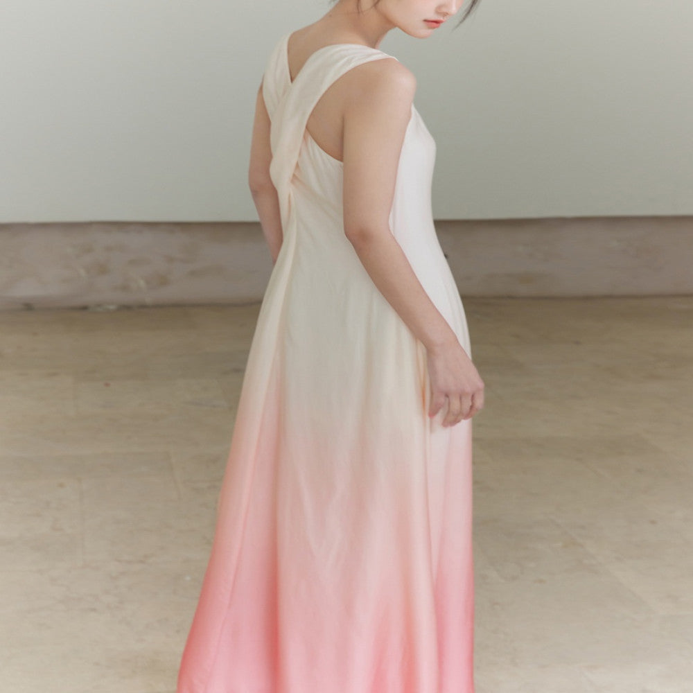 Customized peach color gradient printed slim fit lotus sleeveless dress image 3