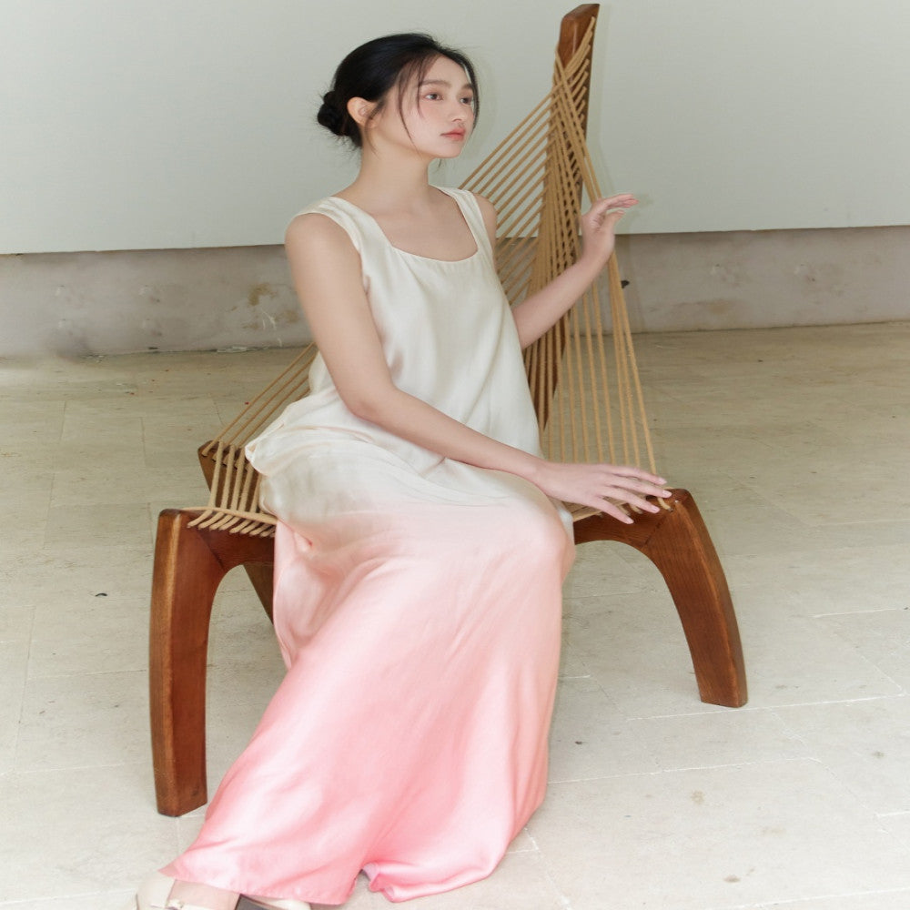 Customized peach color gradient printed slim fit lotus sleeveless dress image 4