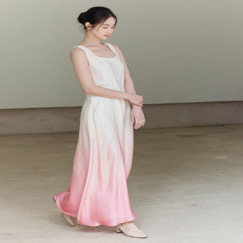 Customized peach color gradient printed slim fit lotus sleeveless dress image 5