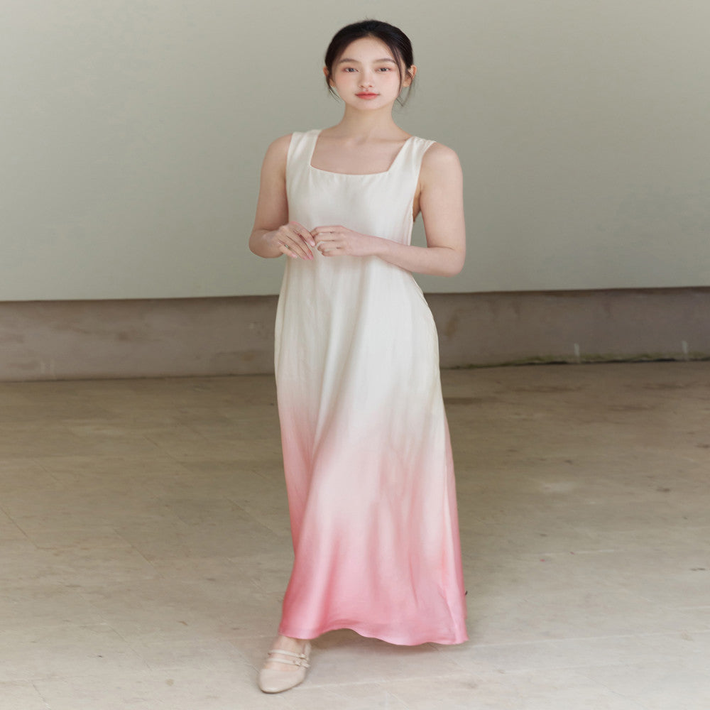 Customized peach color gradient printed slim fit lotus sleeveless dress image 12