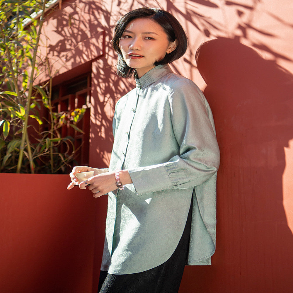 Summer New Chinese Art Retro Improvement Chinese Style Silk Blended Jacquard Stand up Collar Shirt Tang style Women s Top image 2