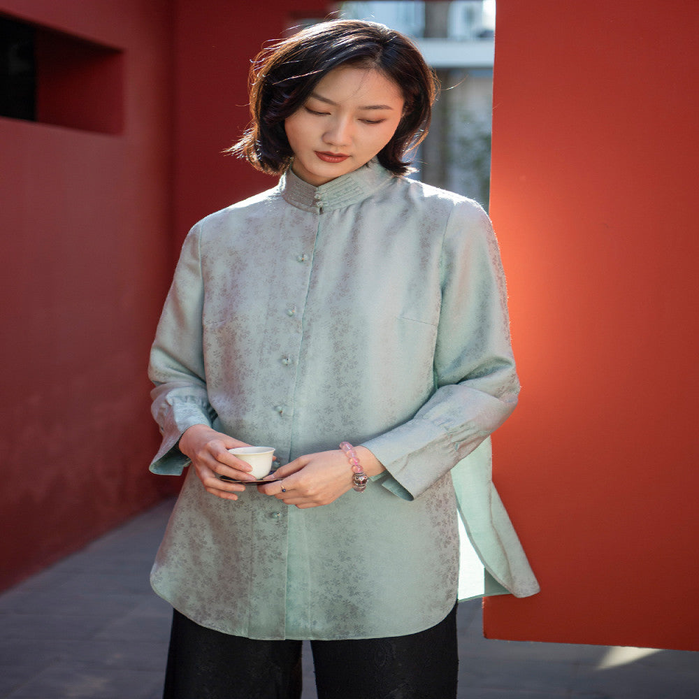 Summer New Chinese Art Retro Improvement Chinese Style Silk Blended Jacquard Stand up Collar Shirt Tang style Women s Top image 3