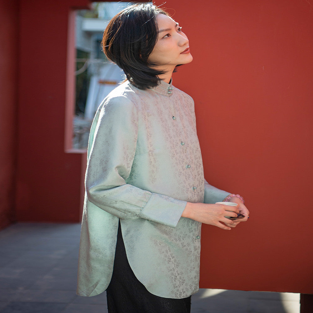 Summer New Chinese Art Retro Improvement Chinese Style Silk Blended Jacquard Stand up Collar Shirt Tang style Women s Top image 0