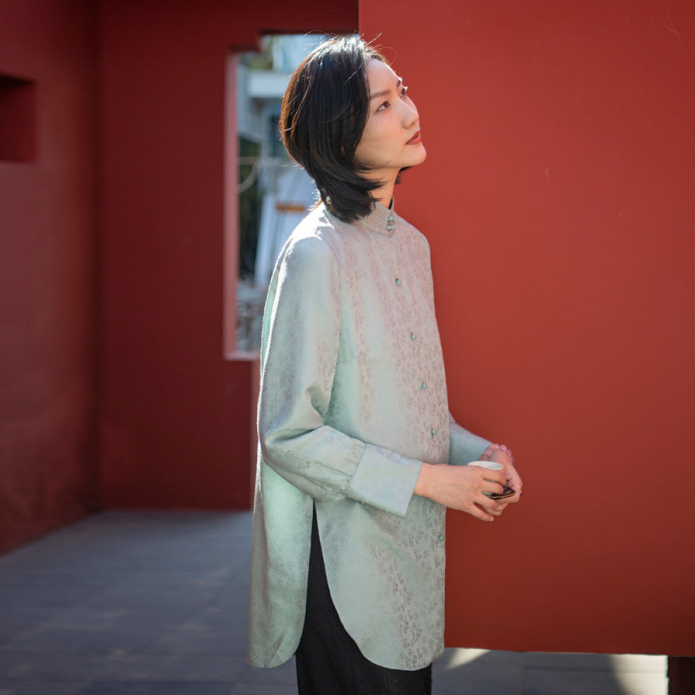 Summer New Chinese Art Retro Improvement Chinese Style Silk Blended Jacquard Stand up Collar Shirt Tang style Women s Top image 8