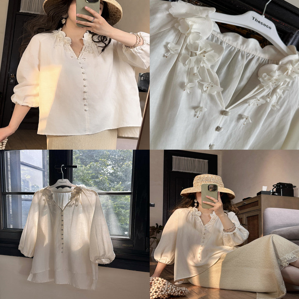 Thecoco Tencel Linen Handmade Pendant Flower Shirt for Women s Spring and Summer Design Sense niche temperament versatile top image 1