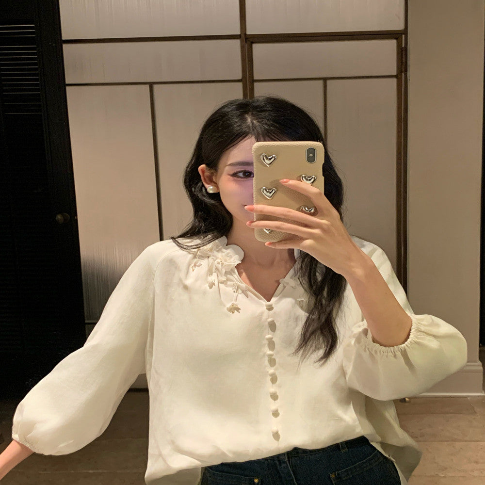 Thecoco Tencel Linen Handmade Pendant Flower Shirt for Women s Spring and Summer Design Sense niche temperament versatile top image 2