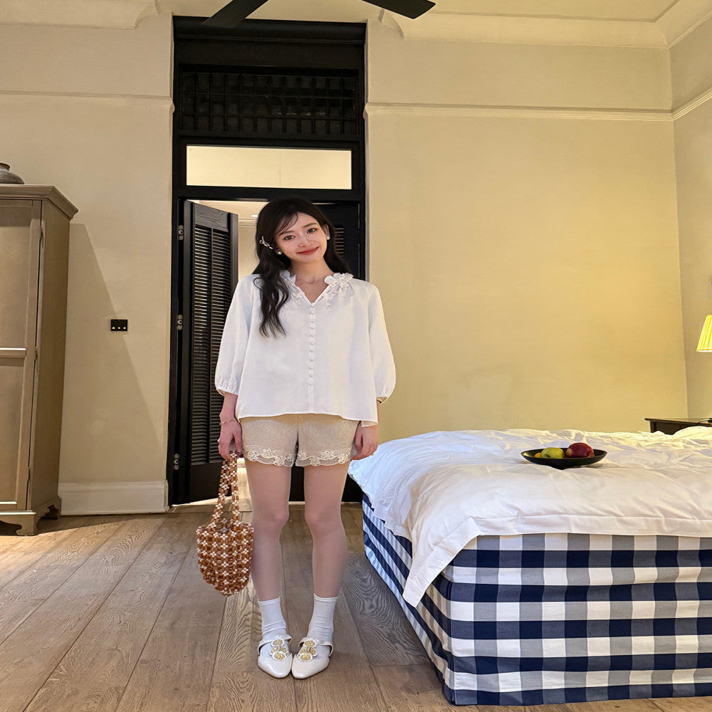 Thecoco Tencel Linen Handmade Pendant Flower Shirt for Women s Spring and Summer Design Sense niche temperament versatile top image 4