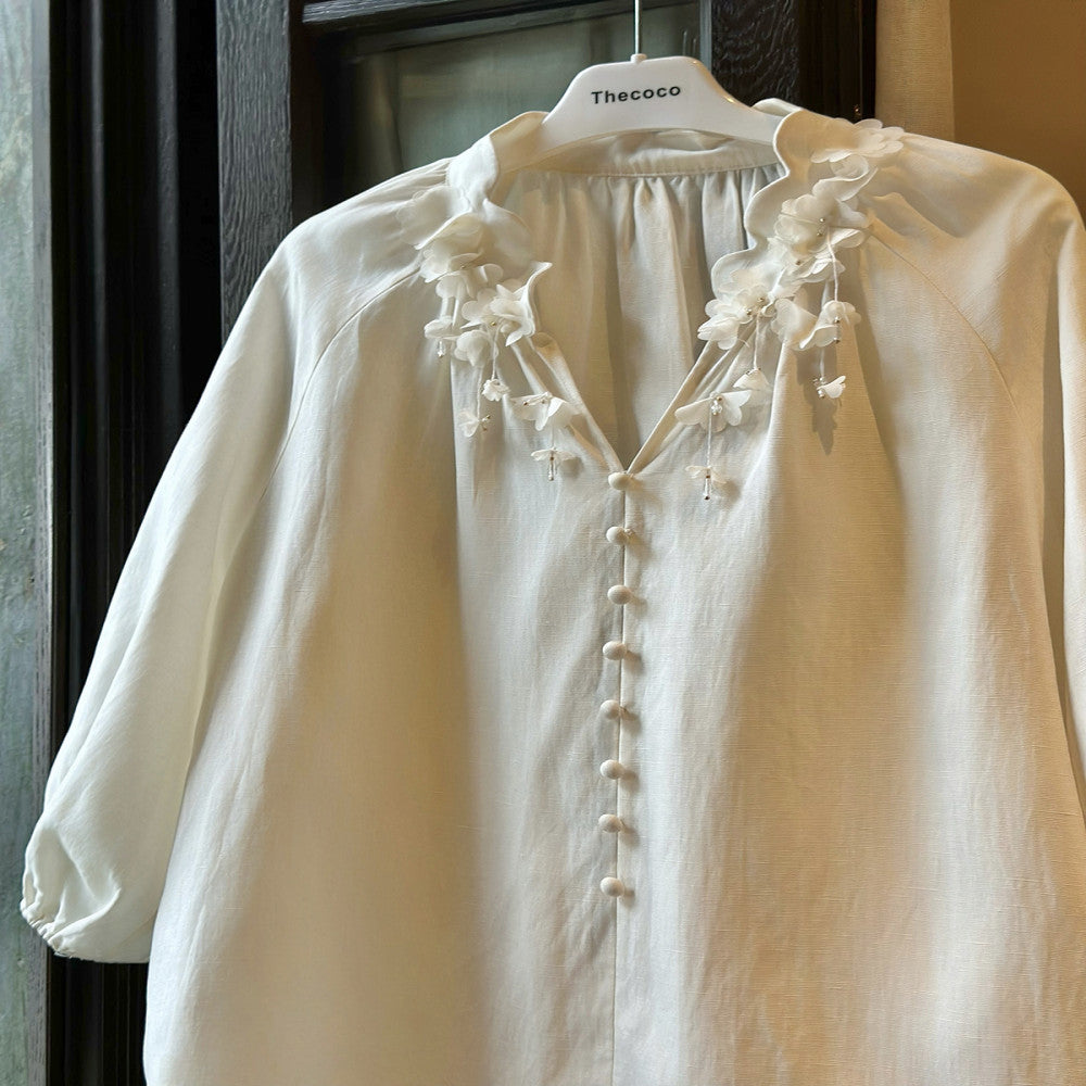 Thecoco Tencel Linen Handmade Pendant Flower Shirt for Women s Spring and Summer Design Sense niche temperament versatile top image 5