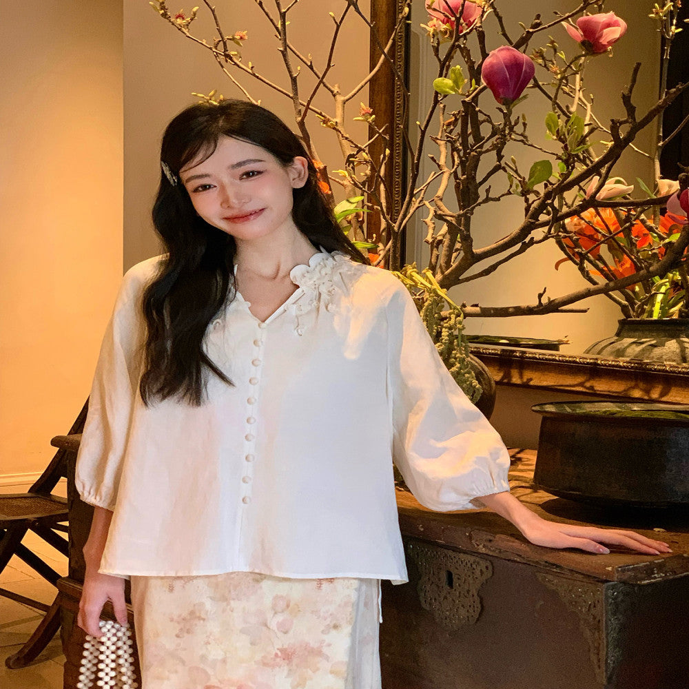 Thecoco Tencel Linen Handmade Pendant Flower Shirt for Women s Spring and Summer Design Sense niche temperament versatile top image 14