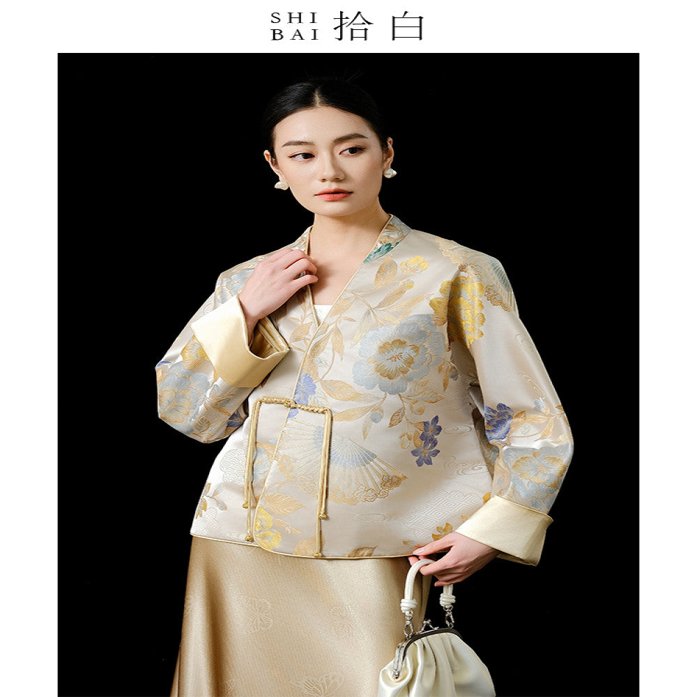 SHIBAI Pick up White Peony Charm New Chinese Style High end Imitation Song Jinchun New Women s Temperament Cross neck Short Coat image 1