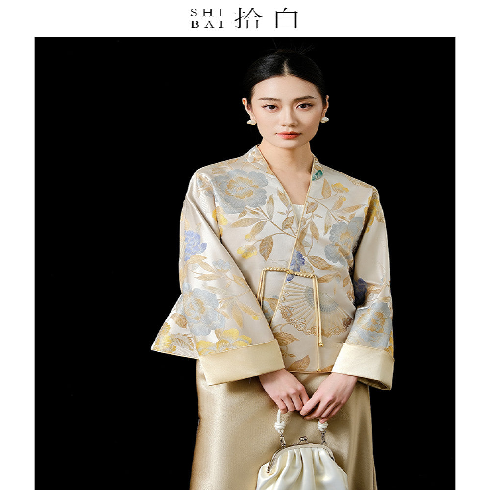 SHIBAI Pick up White Peony Charm New Chinese Style High end Imitation Song Jinchun New Women s Temperament Cross neck Short Coat image 2