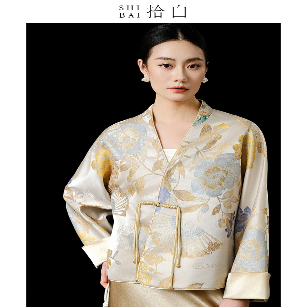 SHIBAI Pick up White Peony Charm New Chinese Style High end Imitation Song Jinchun New Women s Temperament Cross neck Short Coat image 3