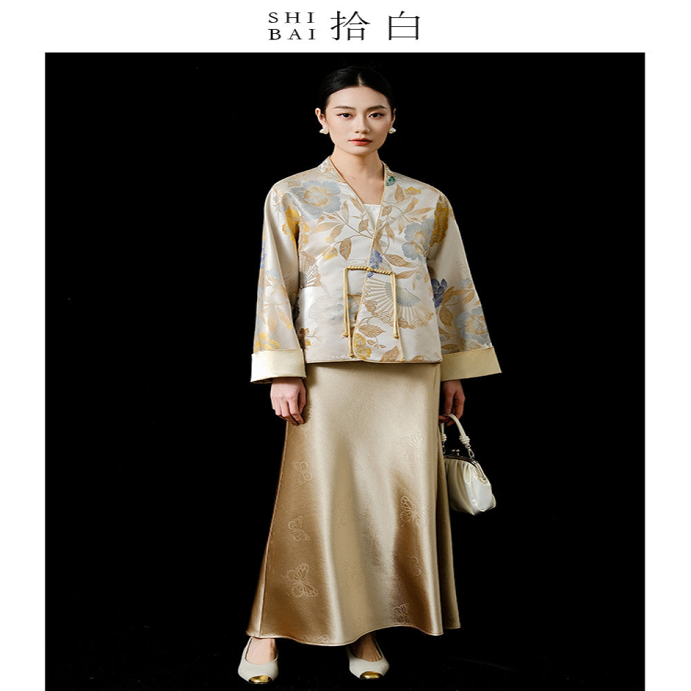 SHIBAI Pick up White Peony Charm New Chinese Style High end Imitation Song Jinchun New Women s Temperament Cross neck Short Coat image 4