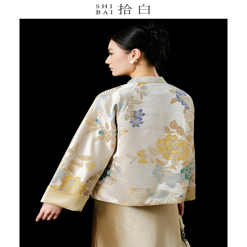 SHIBAI Pick up White Peony Charm New Chinese Style High end Imitation Song Jinchun New Women s Temperament Cross neck Short Coat image 5