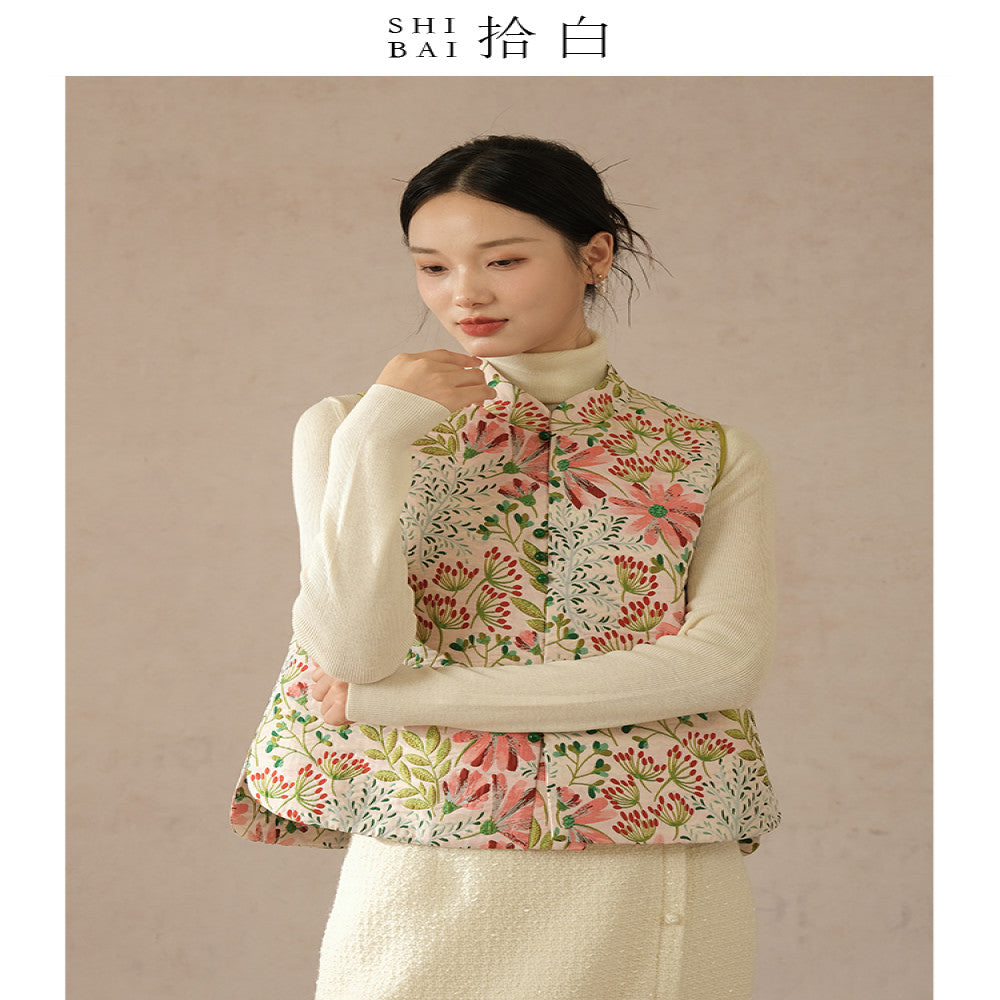 SHIBAI picks up white flowers clusters of brocade new Chinese jacquard vest original Chinese style women s clothing Zen inspired improved top image 1